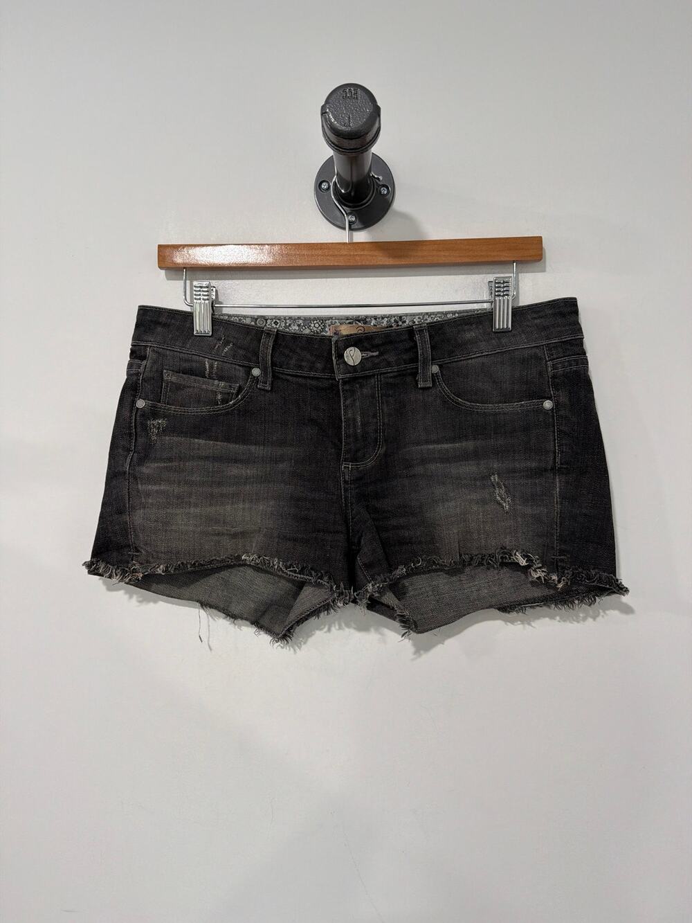 PAIGE Denim Jean Shorts Y2K Cutoff 2.25" Washed Black Size 28